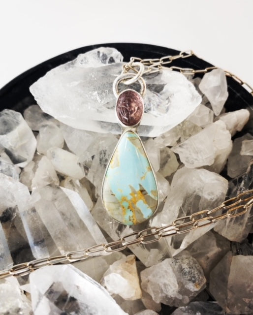 Teardrop Turquoise + Rose Pink Glass Scarab Sterling Pendant