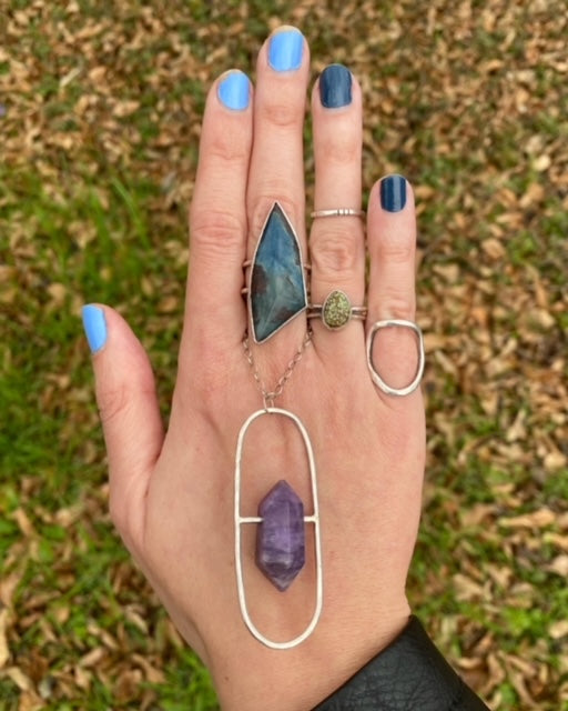 Oval Amethyst Sterling Pendant - Amethyst Pill Necklace - Sterling Amethyst Necklace - Amethyst Hammered Pendant