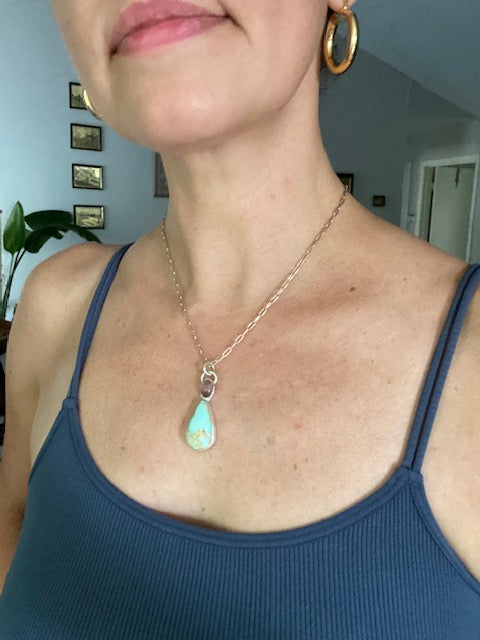 Teardrop Turquoise + Rose Pink Glass Scarab Sterling Pendant