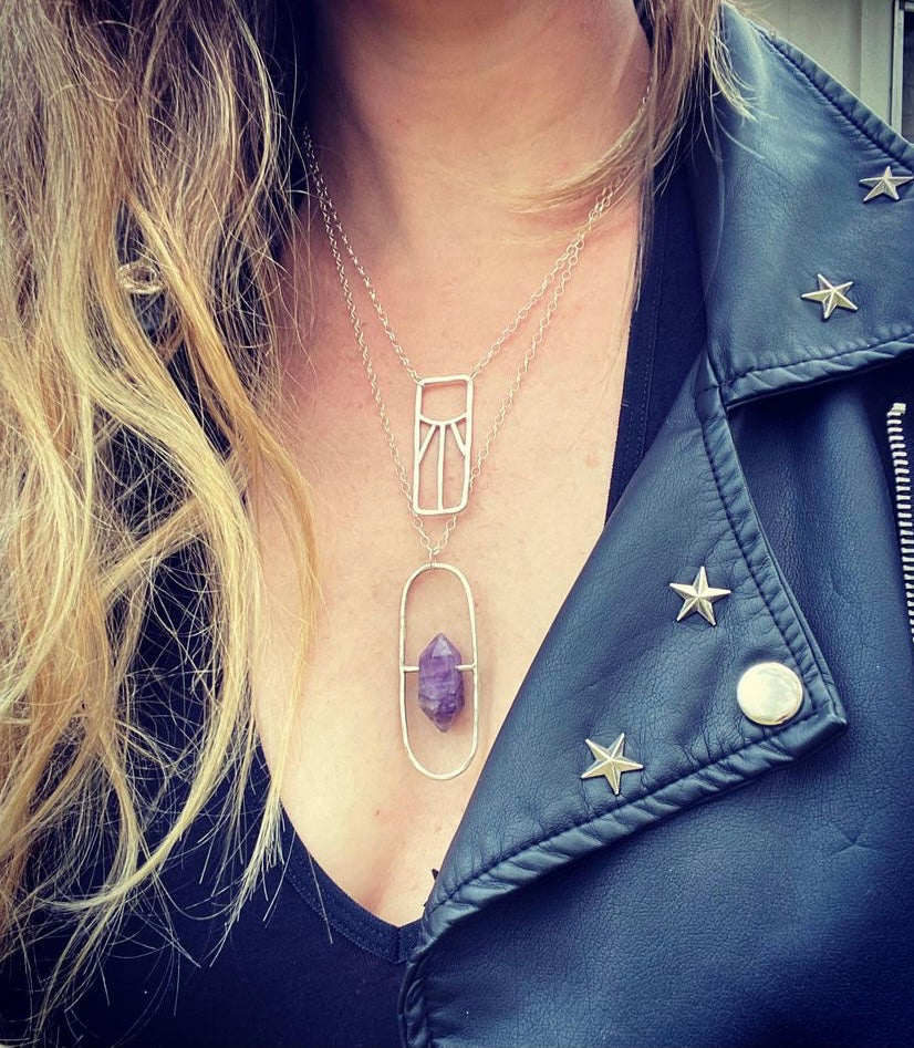 Oval Amethyst Sterling Pendant - Amethyst Pill Necklace - Sterling Amethyst Necklace - Amethyst Hammered Pendant