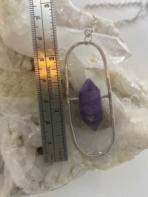 Oval Amethyst Sterling Pendant - Amethyst Pill Necklace - Sterling Amethyst Necklace - Amethyst Hammered Pendant