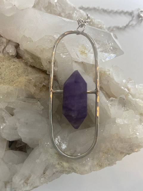 Oval Amethyst Sterling Pendant - Amethyst Pill Necklace - Sterling Amethyst Necklace - Amethyst Hammered Pendant
