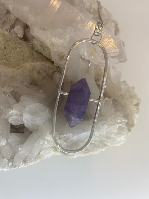 Oval Amethyst Sterling Pendant - Amethyst Pill Necklace - Sterling Amethyst Necklace - Amethyst Hammered Pendant