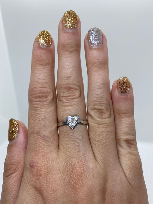 Crying Eye Heart Stamped Ring - Sterling Heart Ring - Silver Crying Heart Ring - Silver Eye Ring - Everyday Sterling Ring
