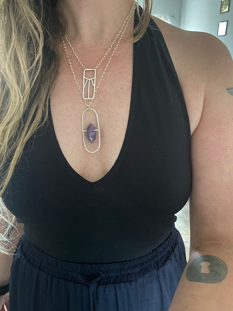 Oval Amethyst Sterling Pendant - Amethyst Pill Necklace - Sterling Amethyst Necklace - Amethyst Hammered Pendant