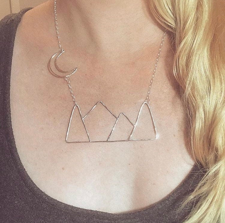 Mountains Moon Landscape Necklace, Silver and Brass Mountain Necklace, Moon Jewelry, Witchy Moon Necklace, Mountain Necklace, Nature Lover