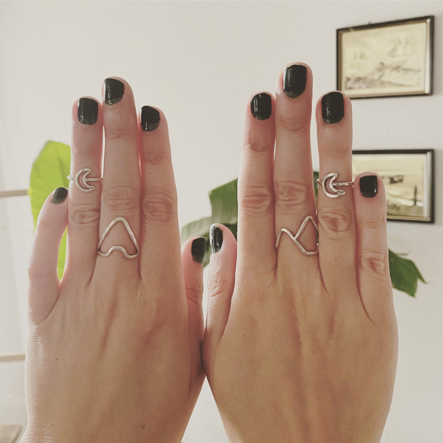 Sterling Mountains and Moon Landscape Ring Set - Handscapes Ring Set - Stacking Ring Set - Silver Moon Ring - Midi - Landscape Jewelry