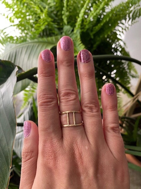 14 Karat Gold Fill Gemini Ring - Gold Double Band Bar Ring - Minimalist Gold Ring - Simple 14K Gold Ring - Gold Stacking Ring - Hammered Gold Ring - Gold Band