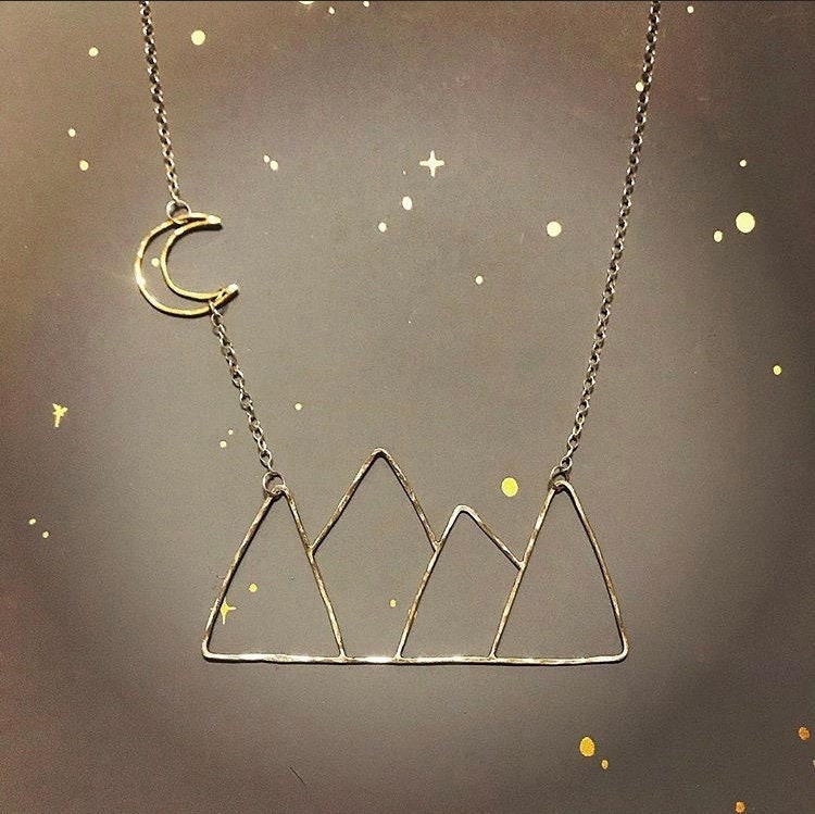 Mountains Moon Landscape Necklace, Silver and Brass Mountain Necklace, Moon Jewelry, Witchy Moon Necklace, Mountain Necklace, Nature Lover