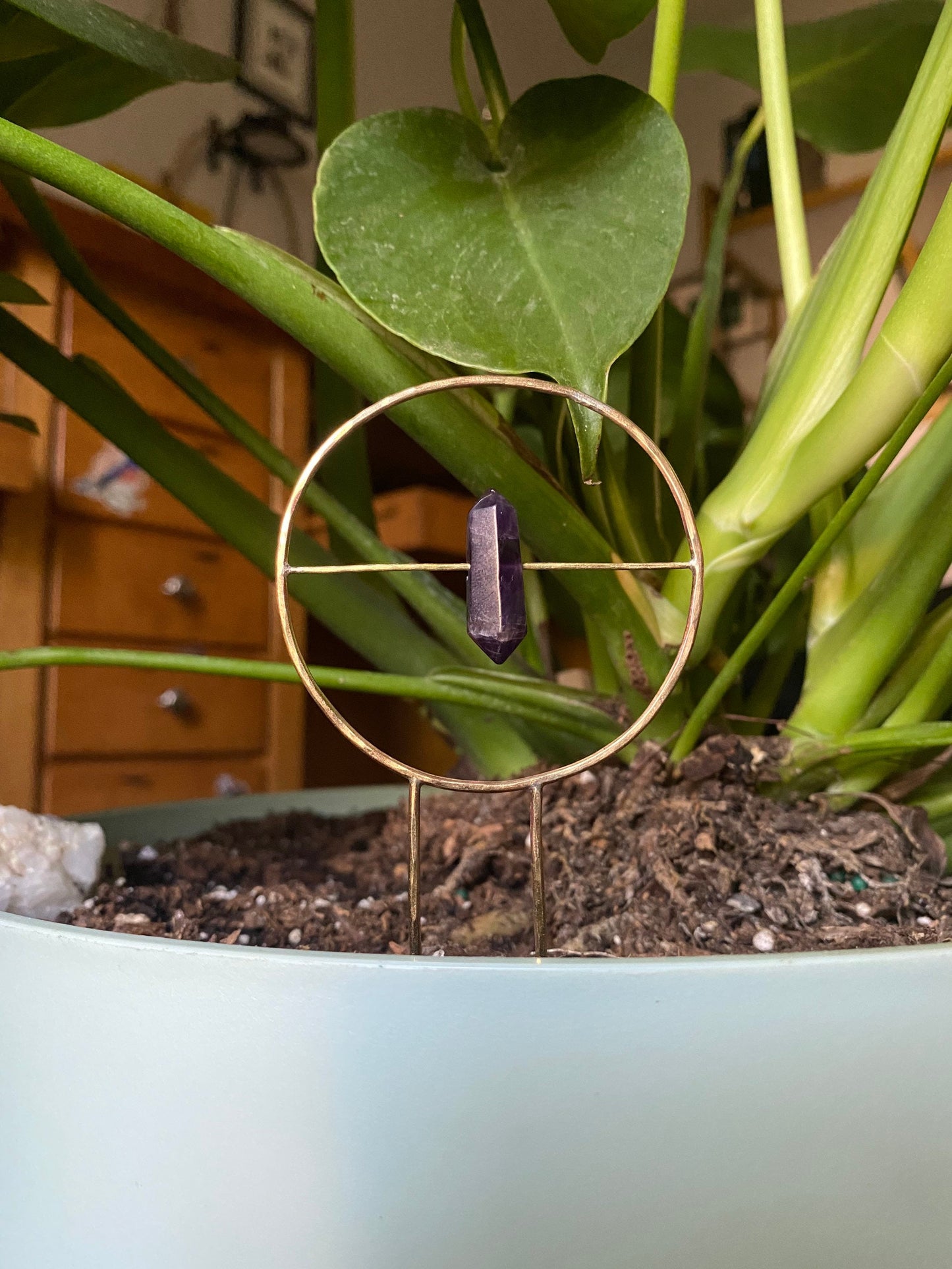Amethyst Brass Planter Stake - Amethyst Hairpin - Indoor Plant Decor - Metal Plant Decor - Plant Fork - Pot Decor - Wedding Hairpin
