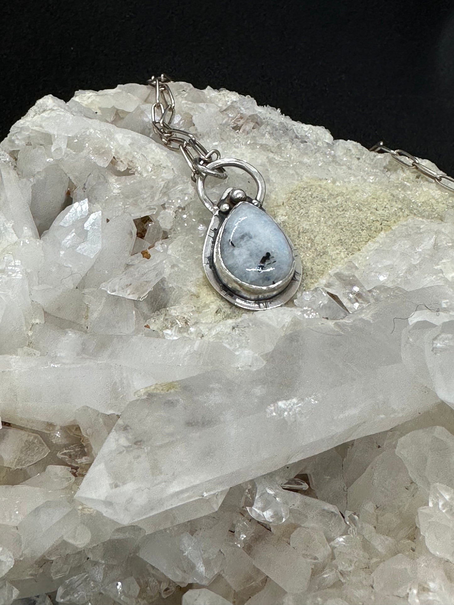 Teardrop Moonstone Pendant, Sterling Silver Rainbow Moonstone Black Tourmaline Necklace, Heart Crying Eye Stamp, Handmade OOAK Moonstone Necklace