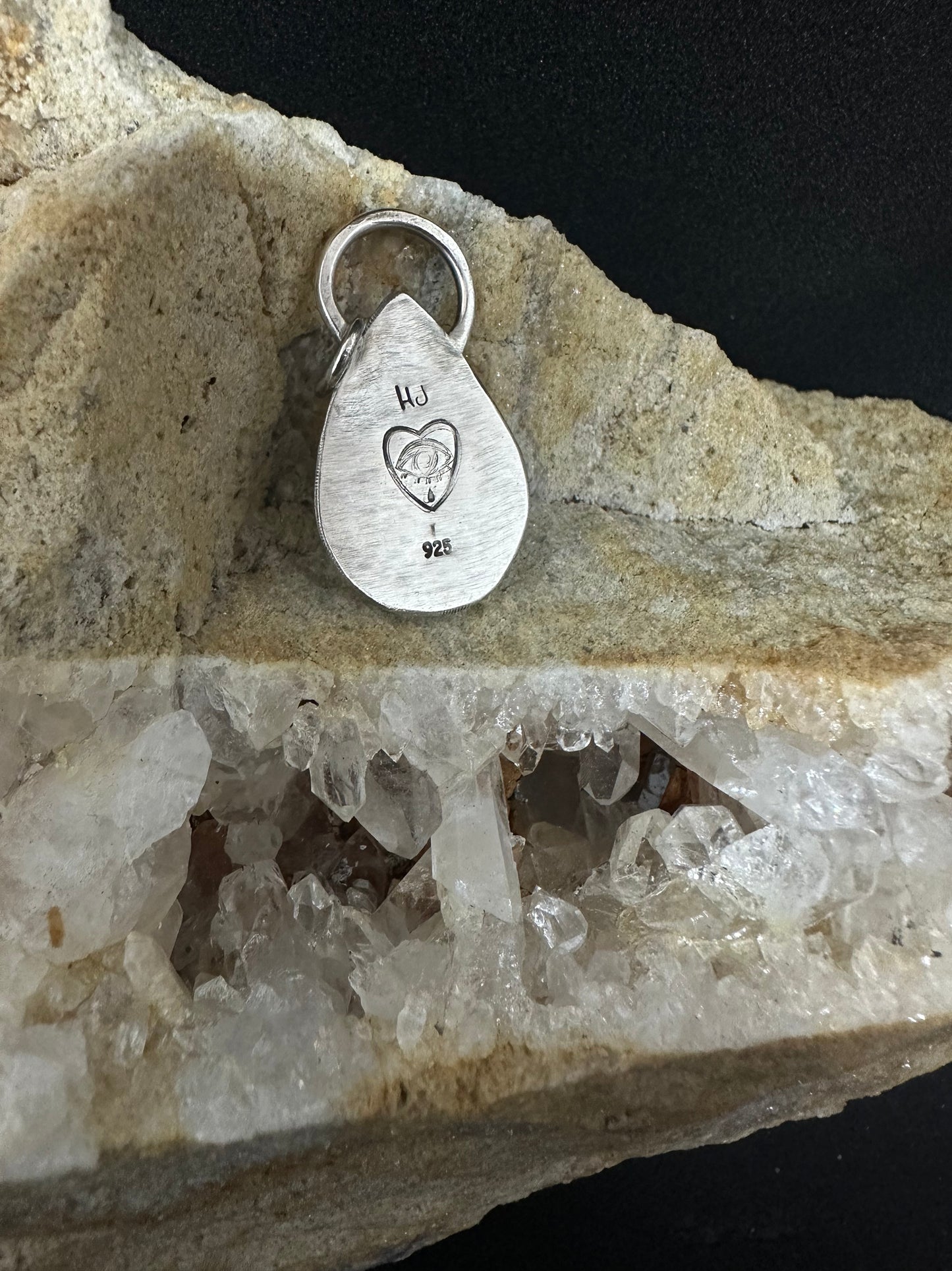 Teardrop Moonstone Pendant, Sterling Silver Rainbow Moonstone Black Tourmaline Necklace, Heart Crying Eye Stamp, Handmade OOAK Moonstone Necklace