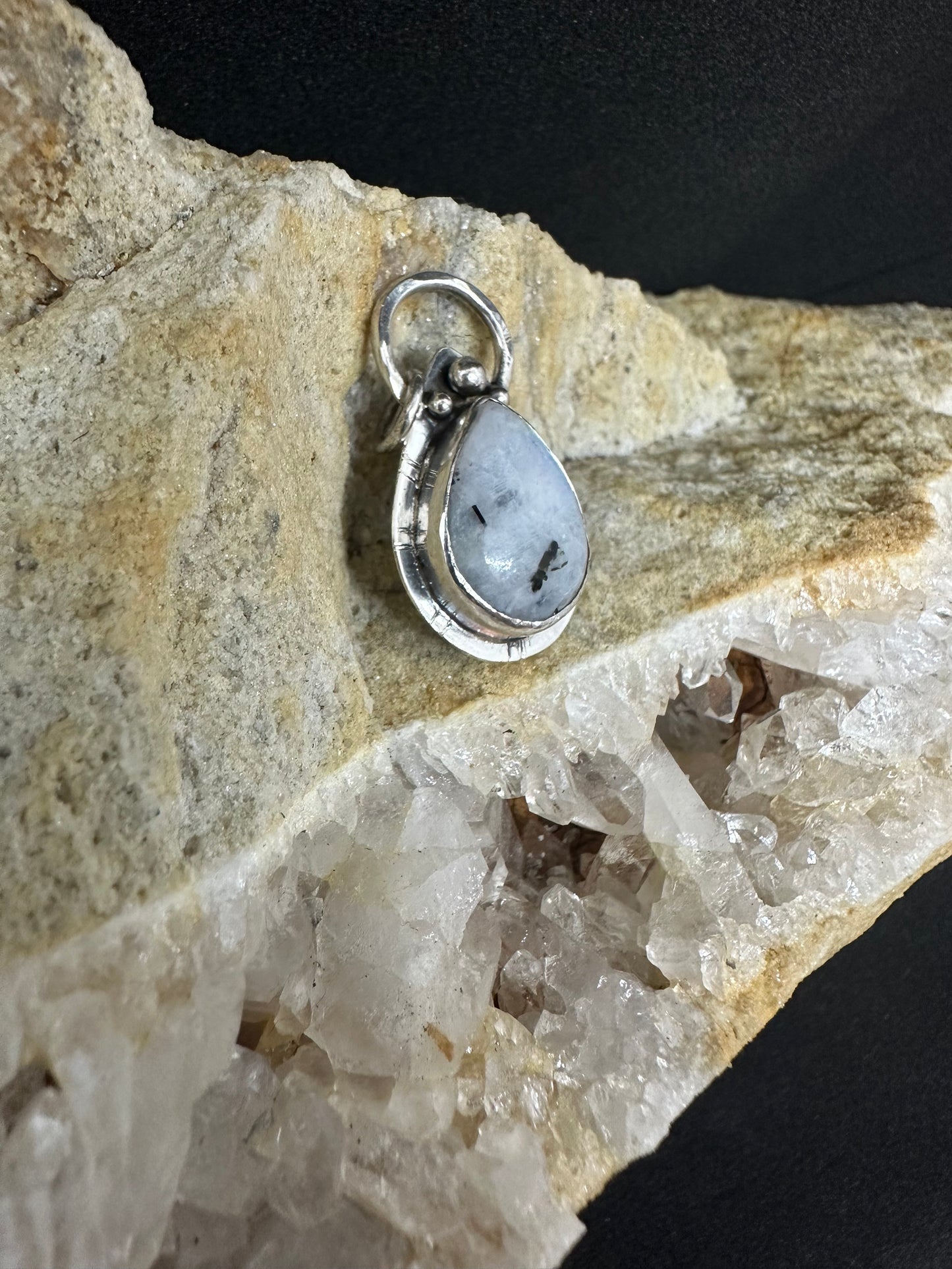 Teardrop Moonstone Pendant, Sterling Silver Rainbow Moonstone Black Tourmaline Necklace, Heart Crying Eye Stamp, Handmade OOAK Moonstone Necklace