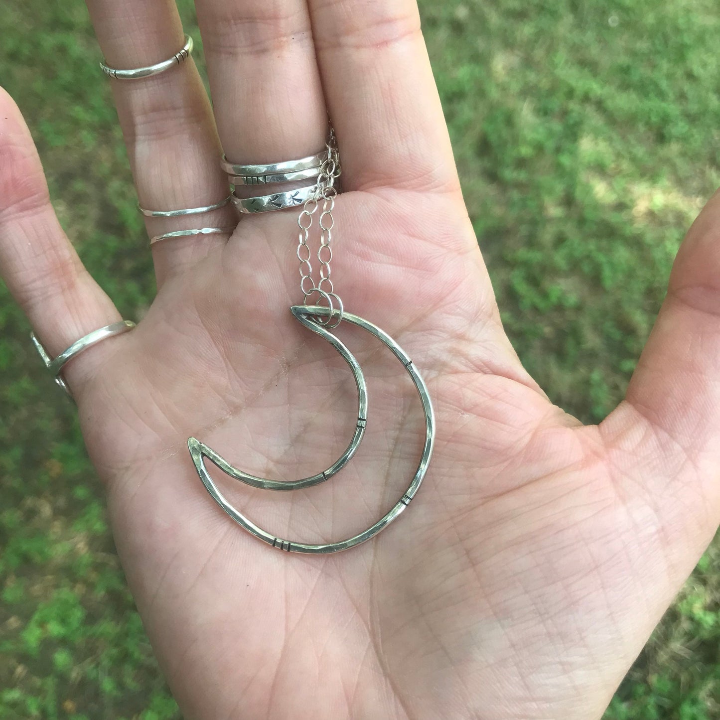 Large Notched Sterling Crescent Moon Necklace - Silver Moon Necklace - Hammered Crescent Moon - Witchy Moon Necklace - Moon Phase Necklace