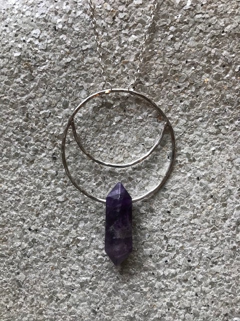 Large Amethyst Moon Necklace - Silver Moon Necklace - Terminated Point Necklace - Crystal Moon Necklace - Heart Chakra Necklace