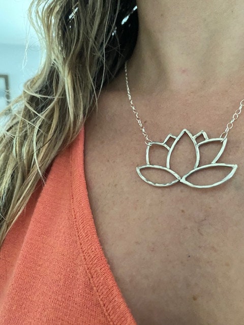 Sterling Lotus Flower Necklace - Handmade Lotus Pendant - Hammered Lotus Necklace - Lotus Statement Necklace - Flower Jewelry - Healing Gift