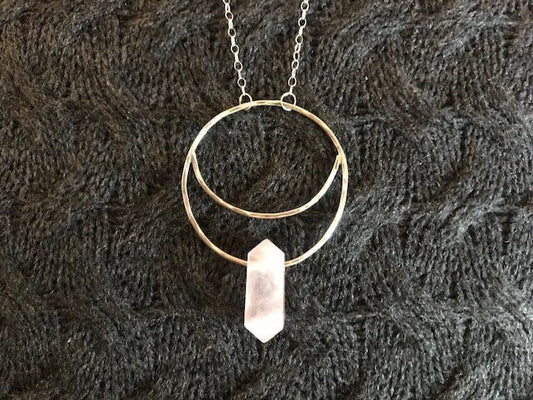 Small Rose Quartz Crescent Moon Necklace - Silver Moon Necklace - Terminated Point Necklace - Crystal Moon Necklace - Heart Chakra