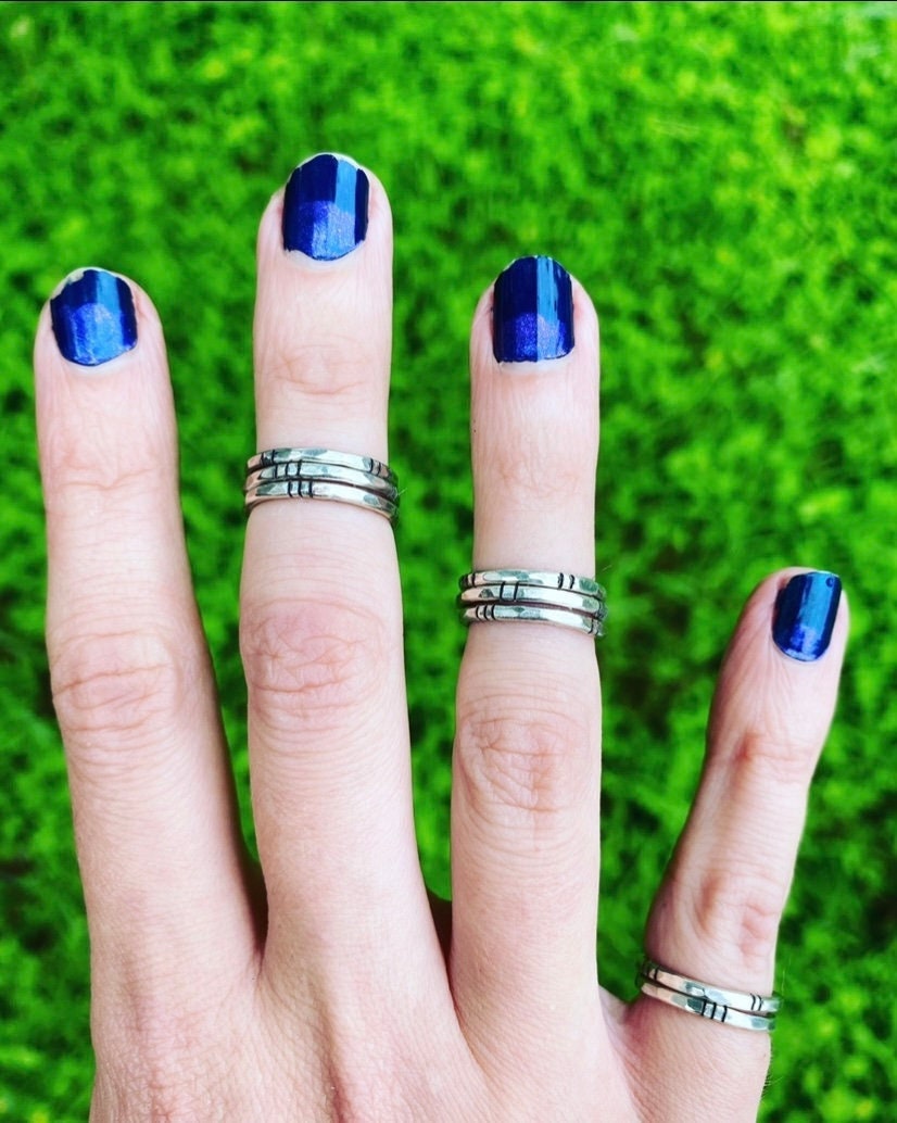 Hammered Sterling Racing Stripe Stacker Ring - Notched Silver Ring - Hammered Midi Ring - Silver Stacking Band - Handmade Hammered Band