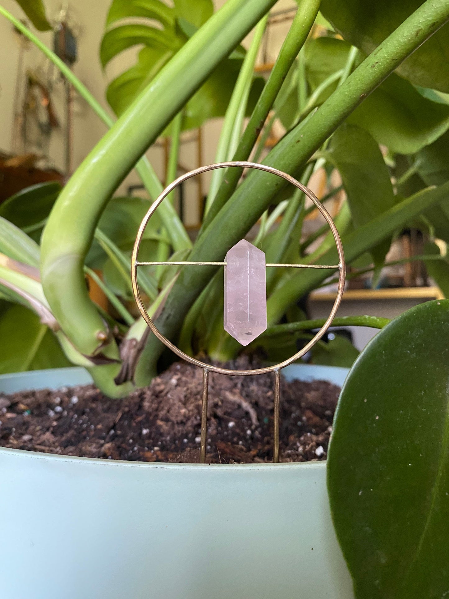 Rose Quartz Brass Planter Stake, Rose Quartz Hairpin, Indoor Plant Decor, Metal Plant Decor, Plant Fork,  Pot Decor, Wedding Hairpin, Plant